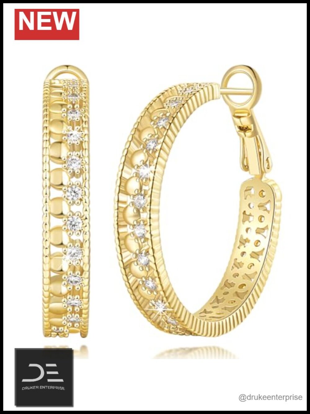 Gold Plated Hoop Earrings for Women 14K Open Work Beaded Zircon 30mm